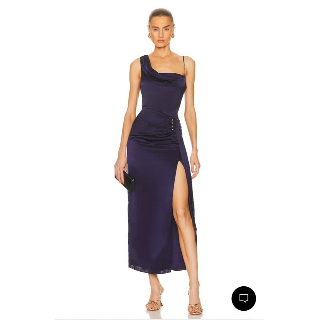 Nicholas Senda Asymmetric Gown Midnight Blue Silk Ruched Long